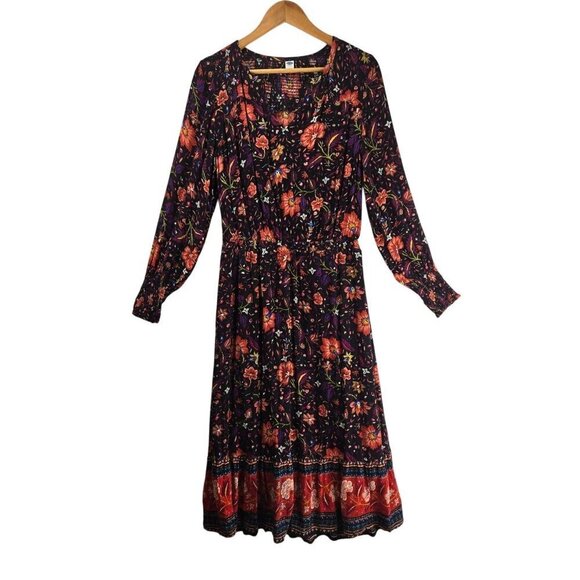 Old Navy Boho Midi Dress M Black Floral Hippie Peasant Cottage Rayon Lined - Picture 1 of 14